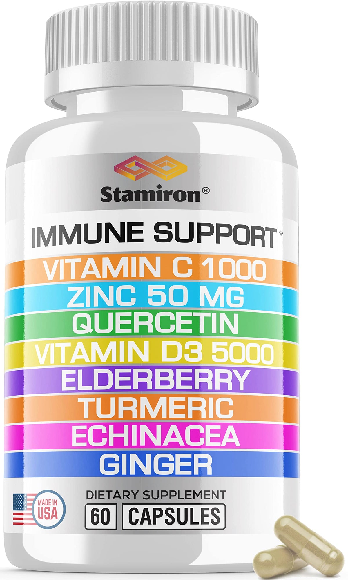 Frontal del envase Stamiron 8 en 1 que muestra ingredientes clave y beneficio de apoyo inmunológico