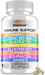 Frontal del envase Stamiron 8 en 1 que muestra ingredientes clave y beneficio de apoyo inmunológico