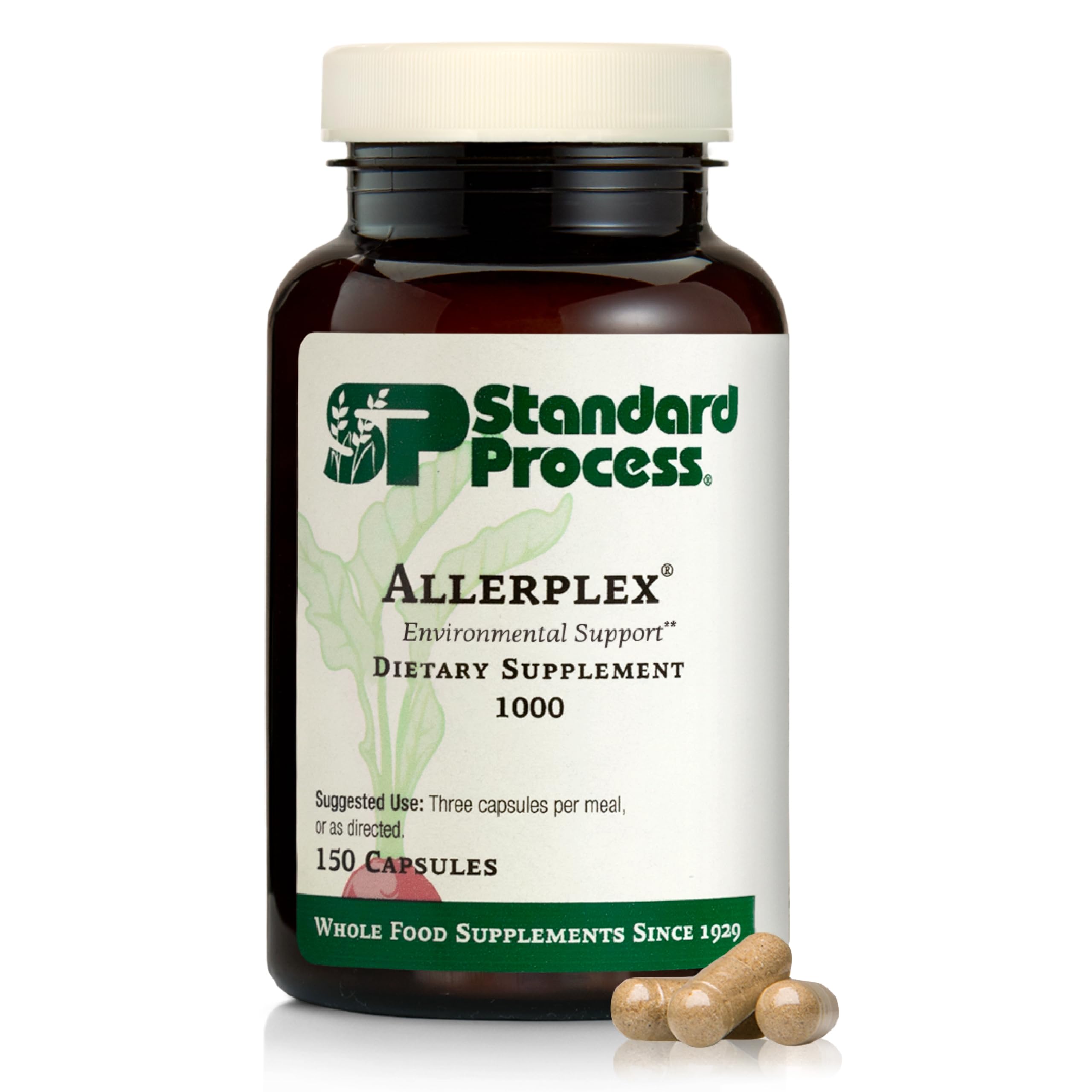 Standard Process Allerplex frasco frontal mostrando 150 cápsulas y beneficios