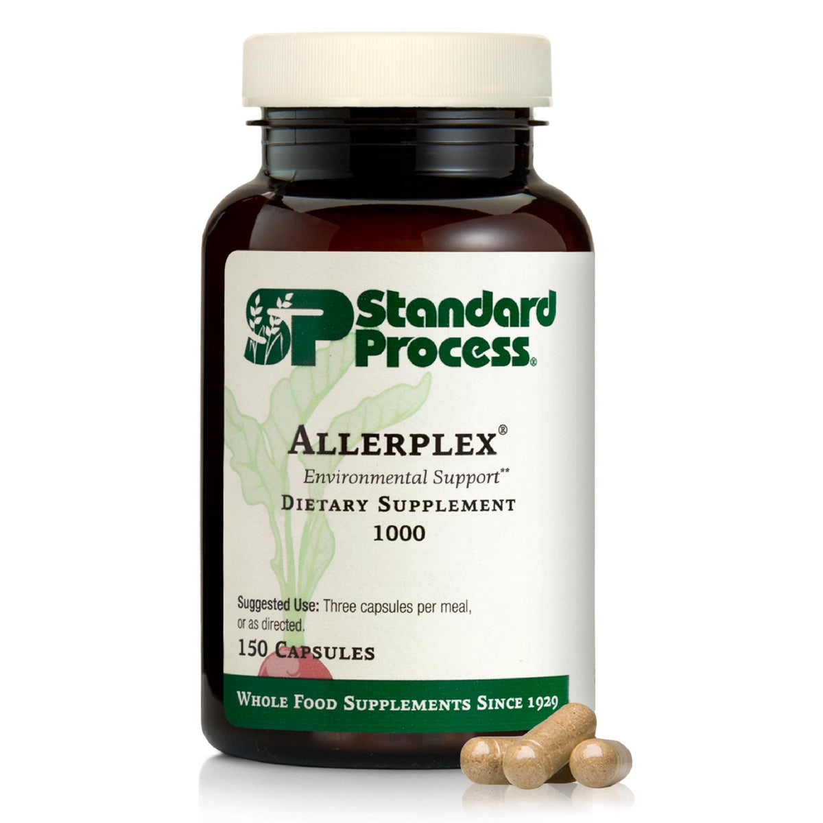 Standard Process Allerplex frasco frontal mostrando 150 cápsulas y beneficios