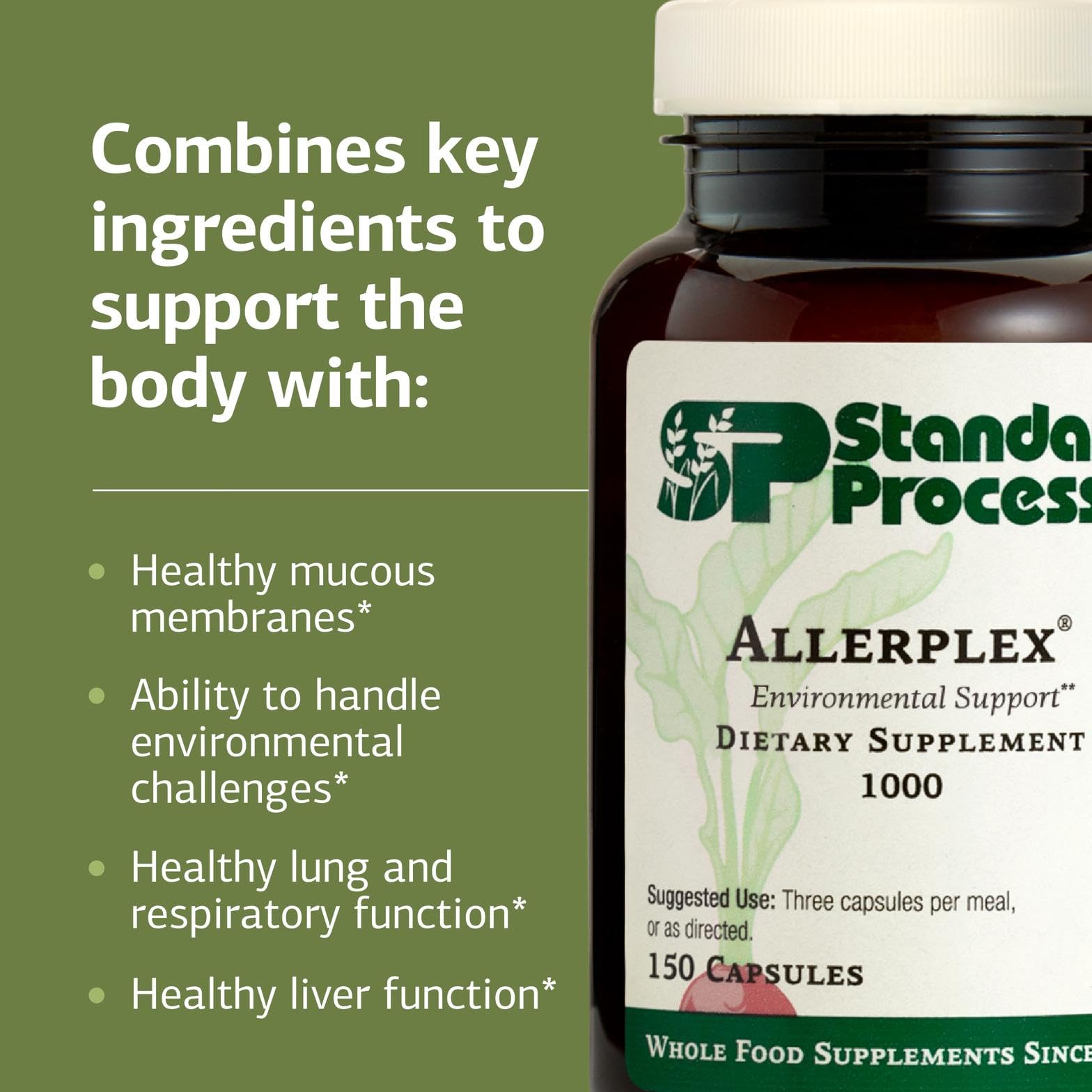Persona sosteniendo frasco de Allerplex, Standard Process, uso diario práctico