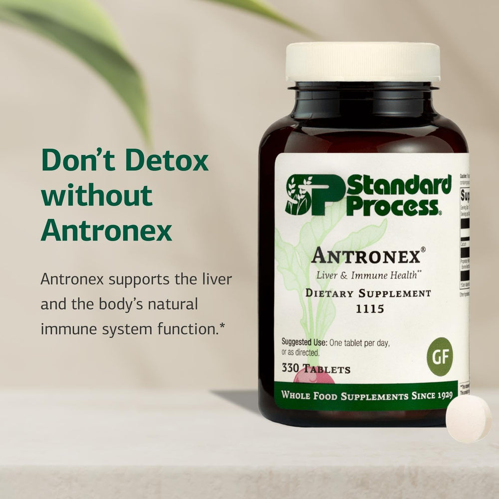 Detalle de la etiqueta Standard Process Antronex mostrando información de ingredientes