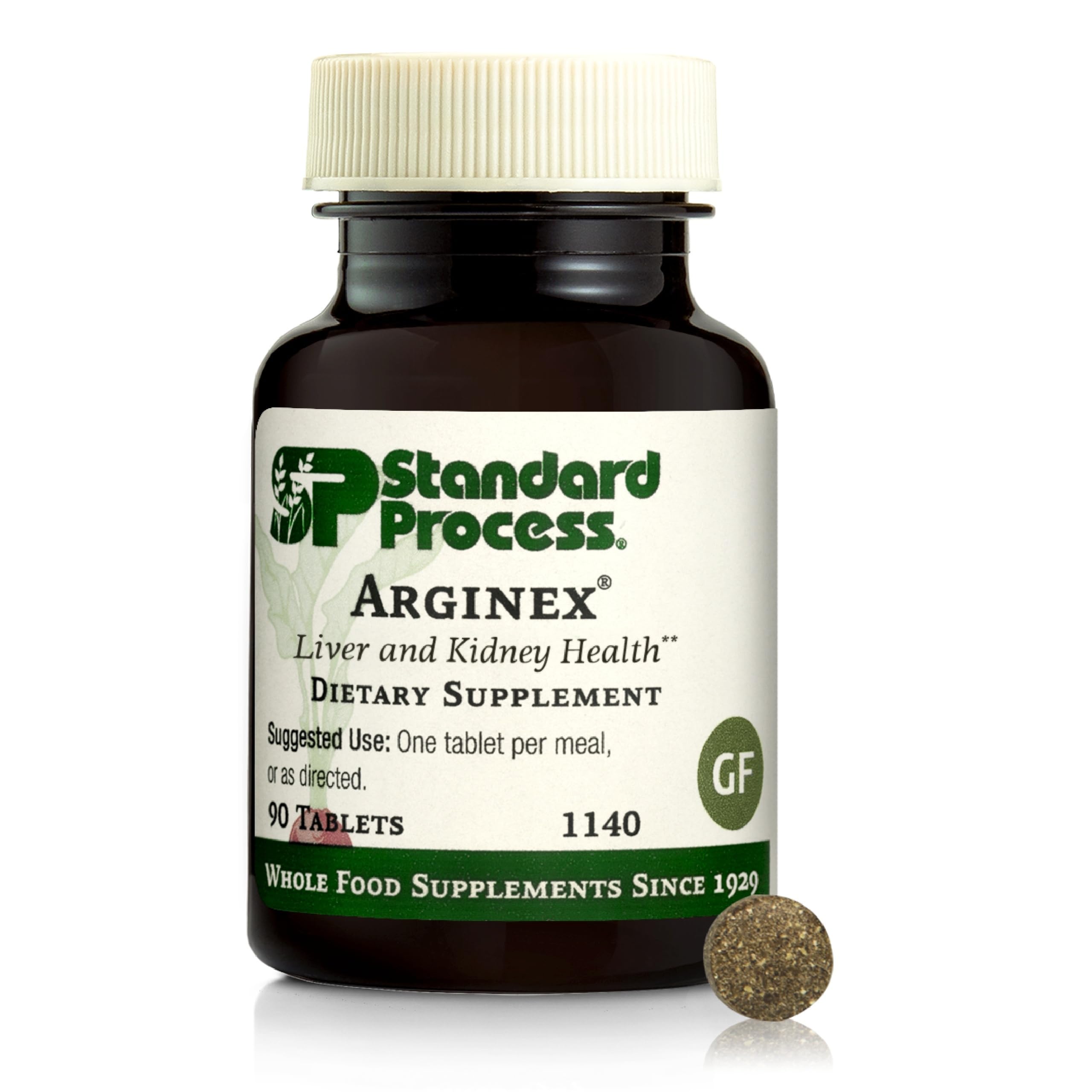 Standard Process Arginex envase frontal mostrando tabletas y beneficios