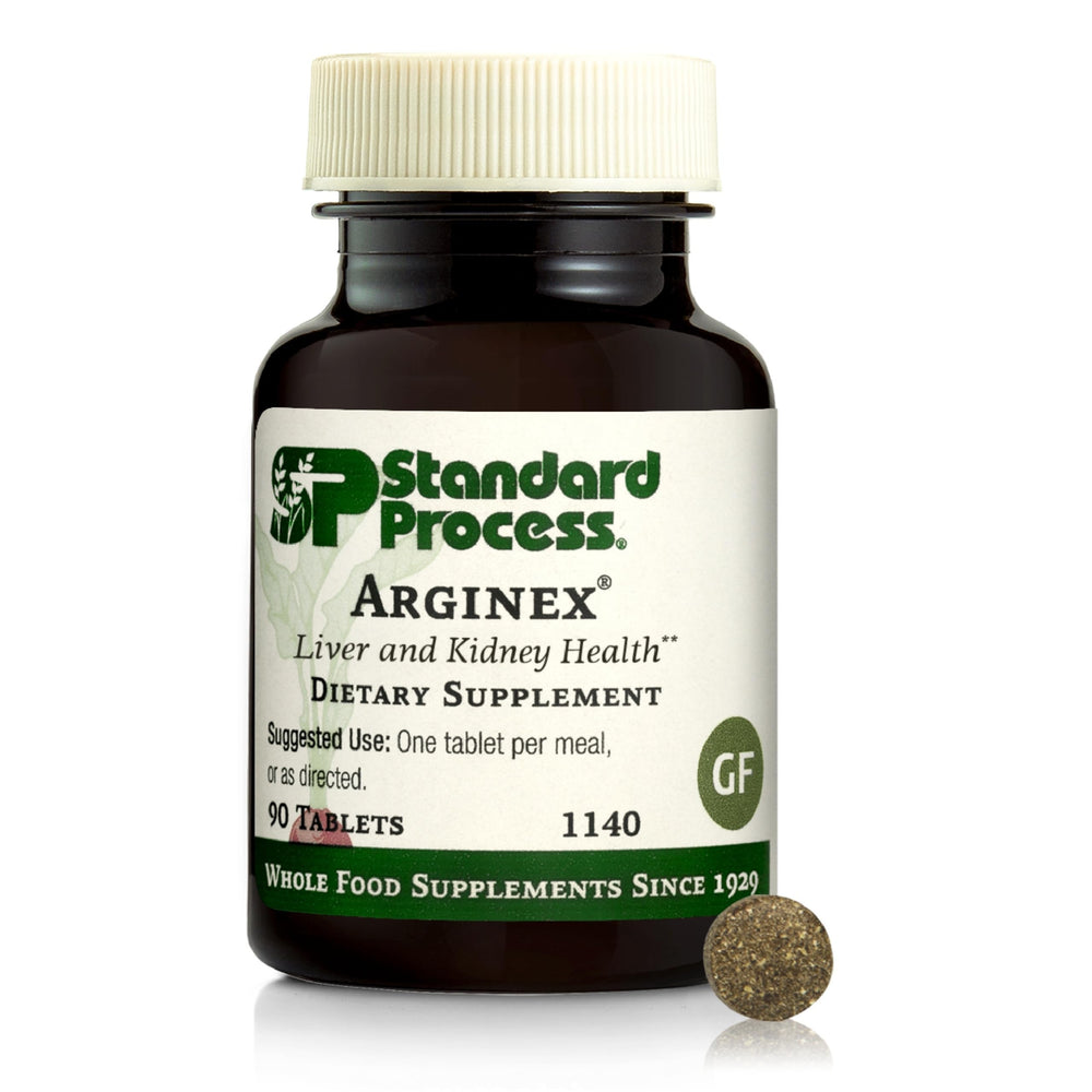 Standard Process Arginex envase frontal mostrando tabletas y beneficios
