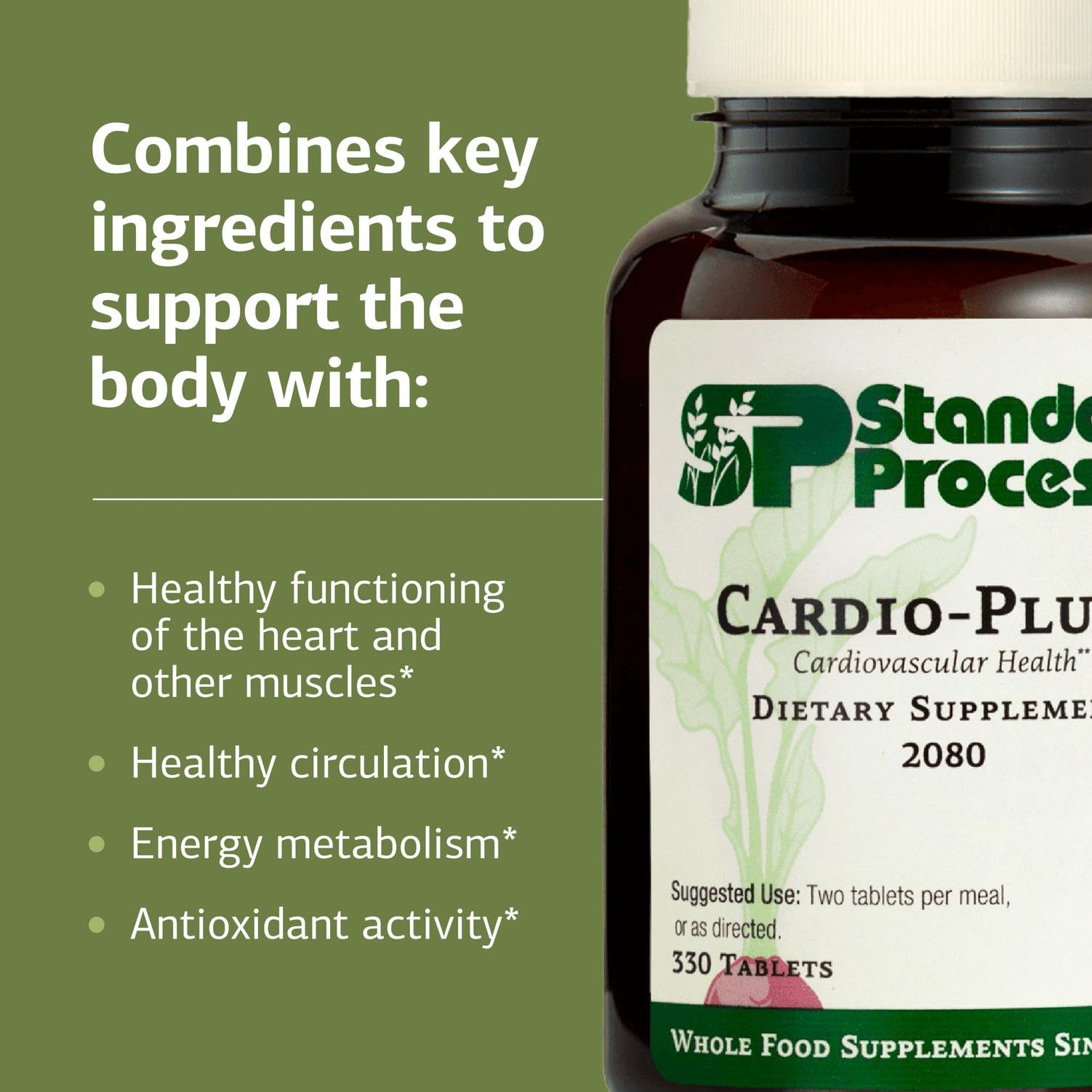 Standard Process Cardio-Plus etiqueta con lista de ingredientes y ventajas