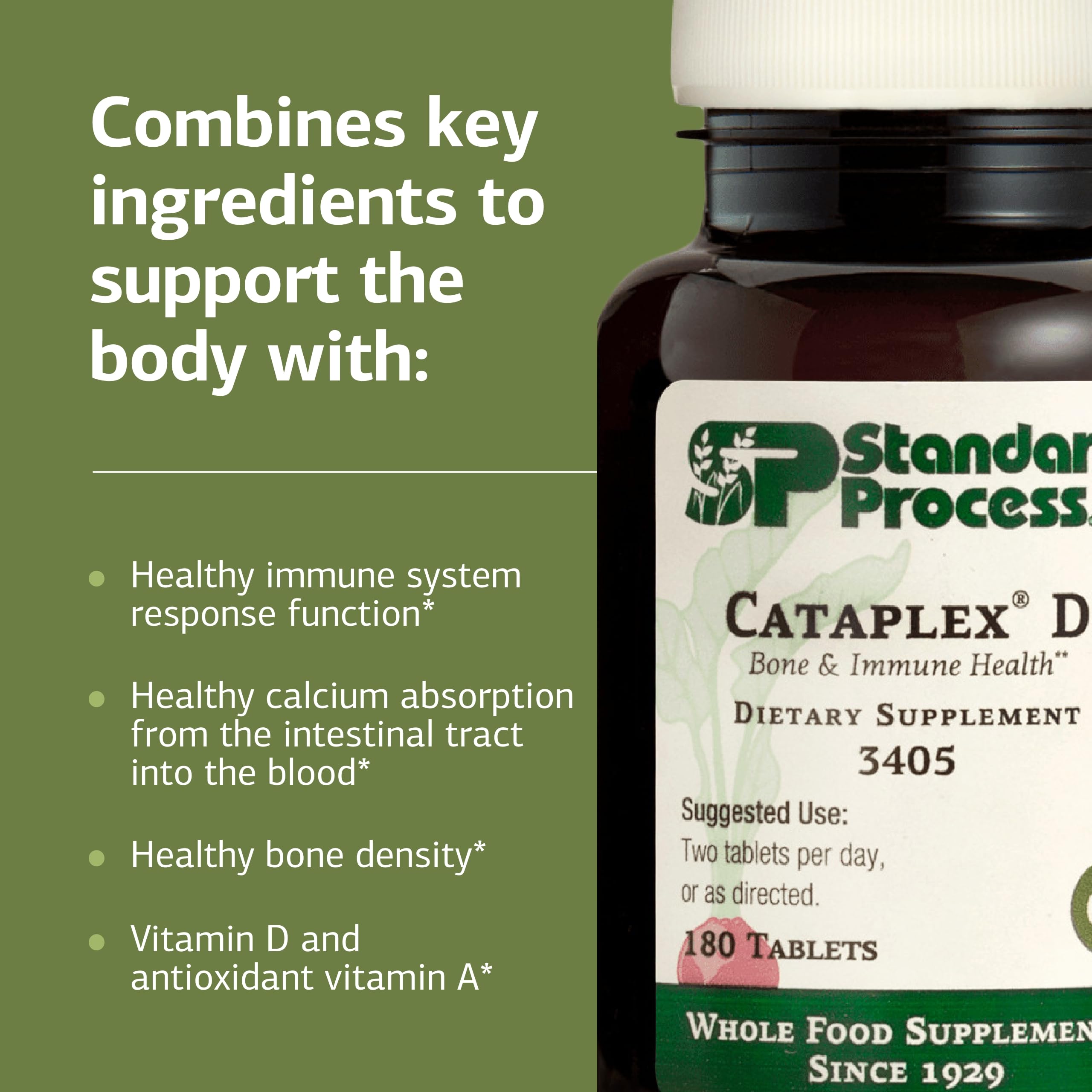 Standard Process Cataplex D etiqueta nutricional detalle, información de vitamina D y A