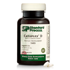 Standard Process Cataplex D frente del empaque, presenta dosis y beneficios visibles