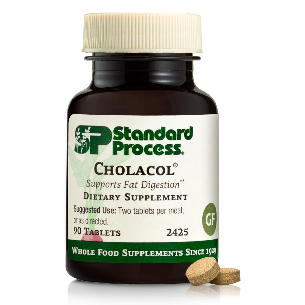 Standard Process Cholacol envase frontal mostrando 90 tabletas y etiqueta clara