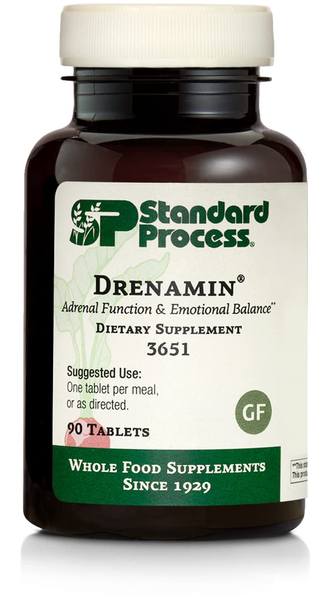 Standard Process Drenamin frente del empaque mostrando información y beneficio de soporte adrenal