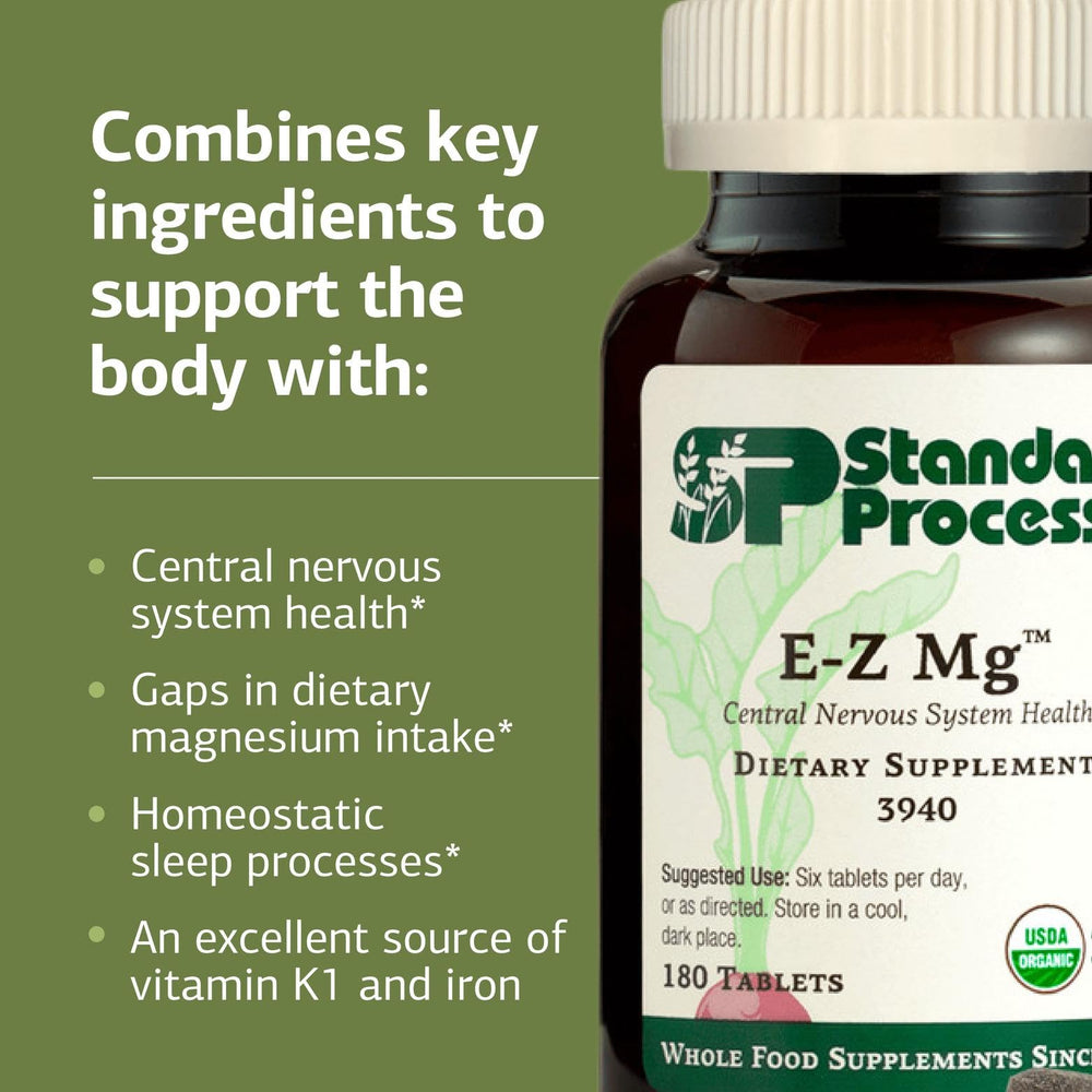 Standard Process E-Z Mg etiqueta nutricional enfocada en ingredientes y valores