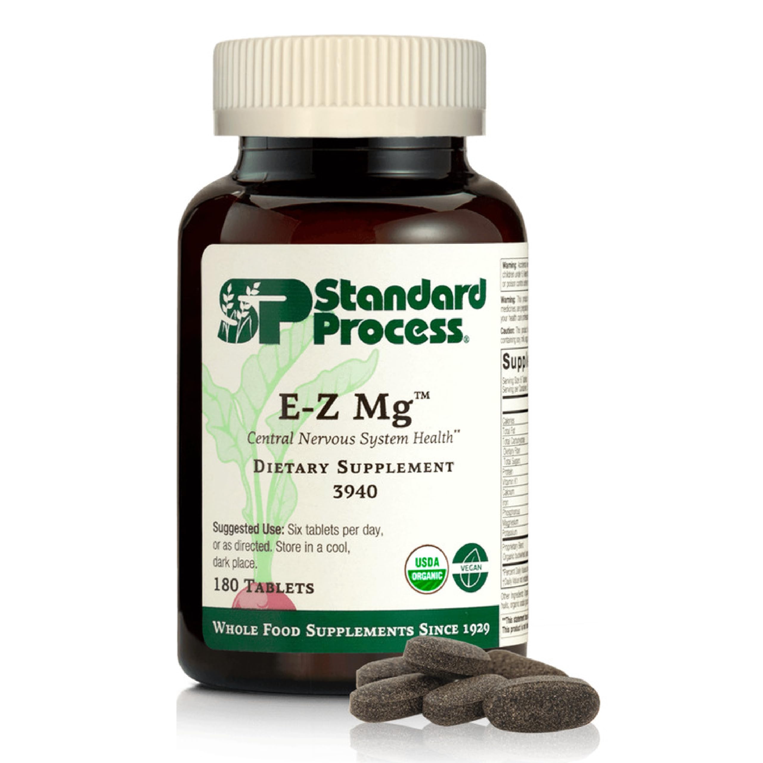 Standard Process E-Z Mg frontal del envase mostrando formato y certificación orgánica