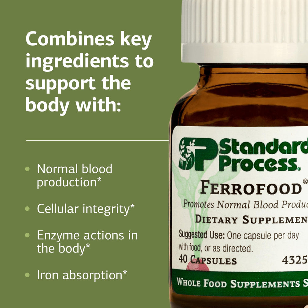 Close-up etiqueta nutricional de Ferrofood de Standard Process, facilita ver dosis e ingredientes