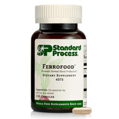 Standard Process Ferrofood frontal del envase mostrando 150 cápsulas y beneficios