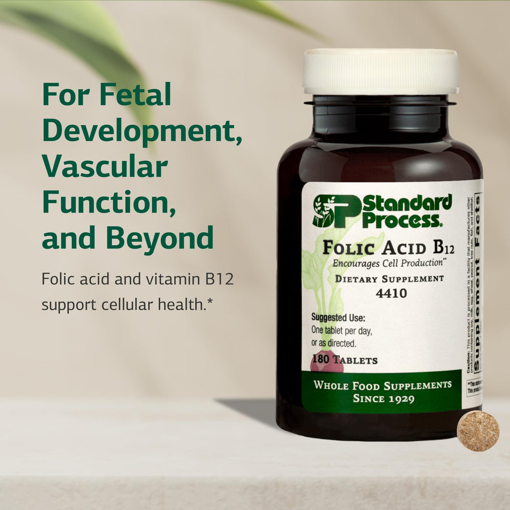 Etiqueta nutricional Standard Process con información clara de folato y B12