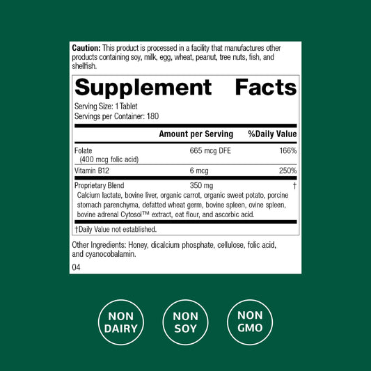 Close-up de tabletas Standard Process Folic Acid B12 que facilita dosificación precisa