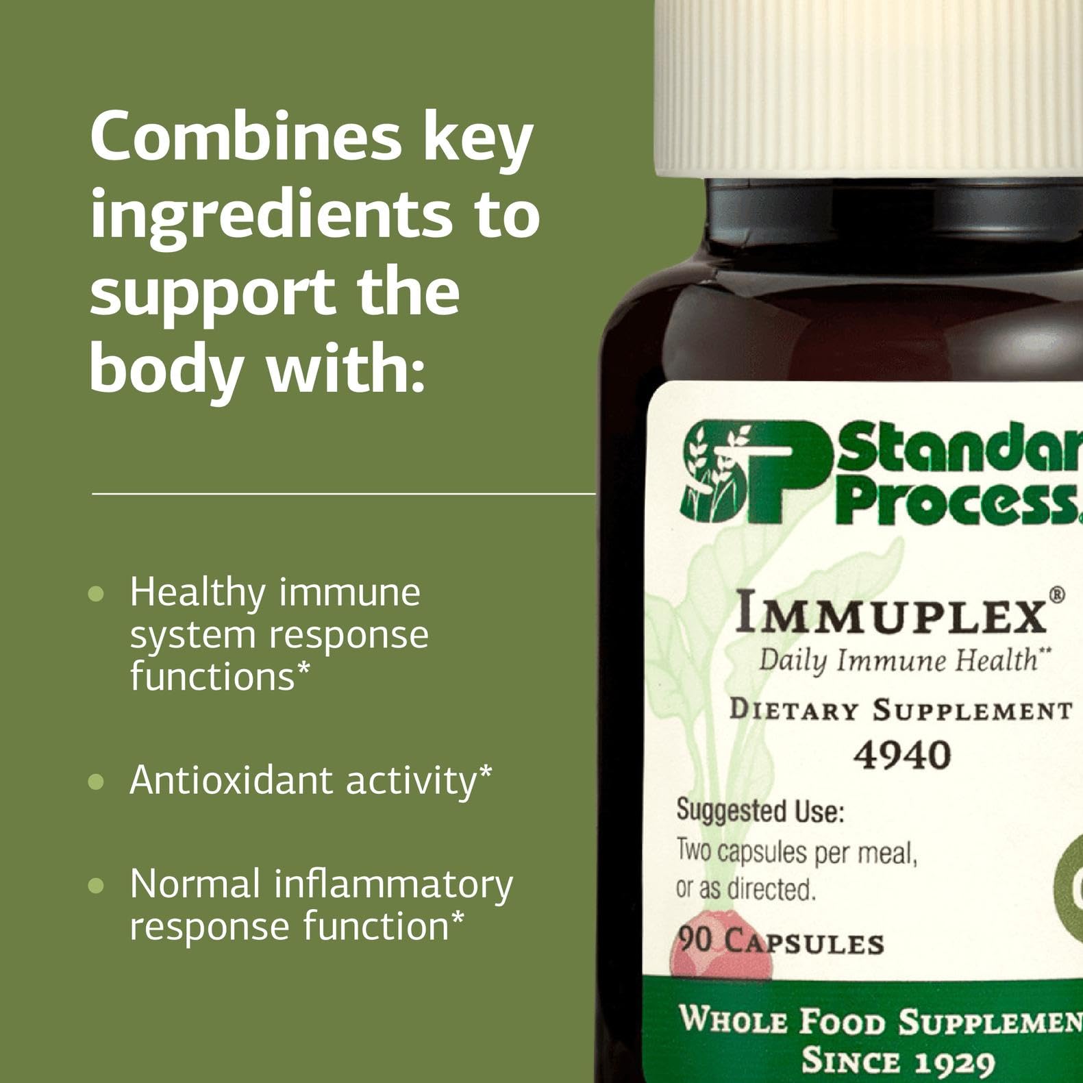 Standard Process Immuplex cápsula en mano para comparar tamaño y facilitar dosificación