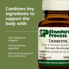 Standard Process Inositol tableta en mano con vaso de agua, muestra cómo tomar una tablet por comida para conveniencia