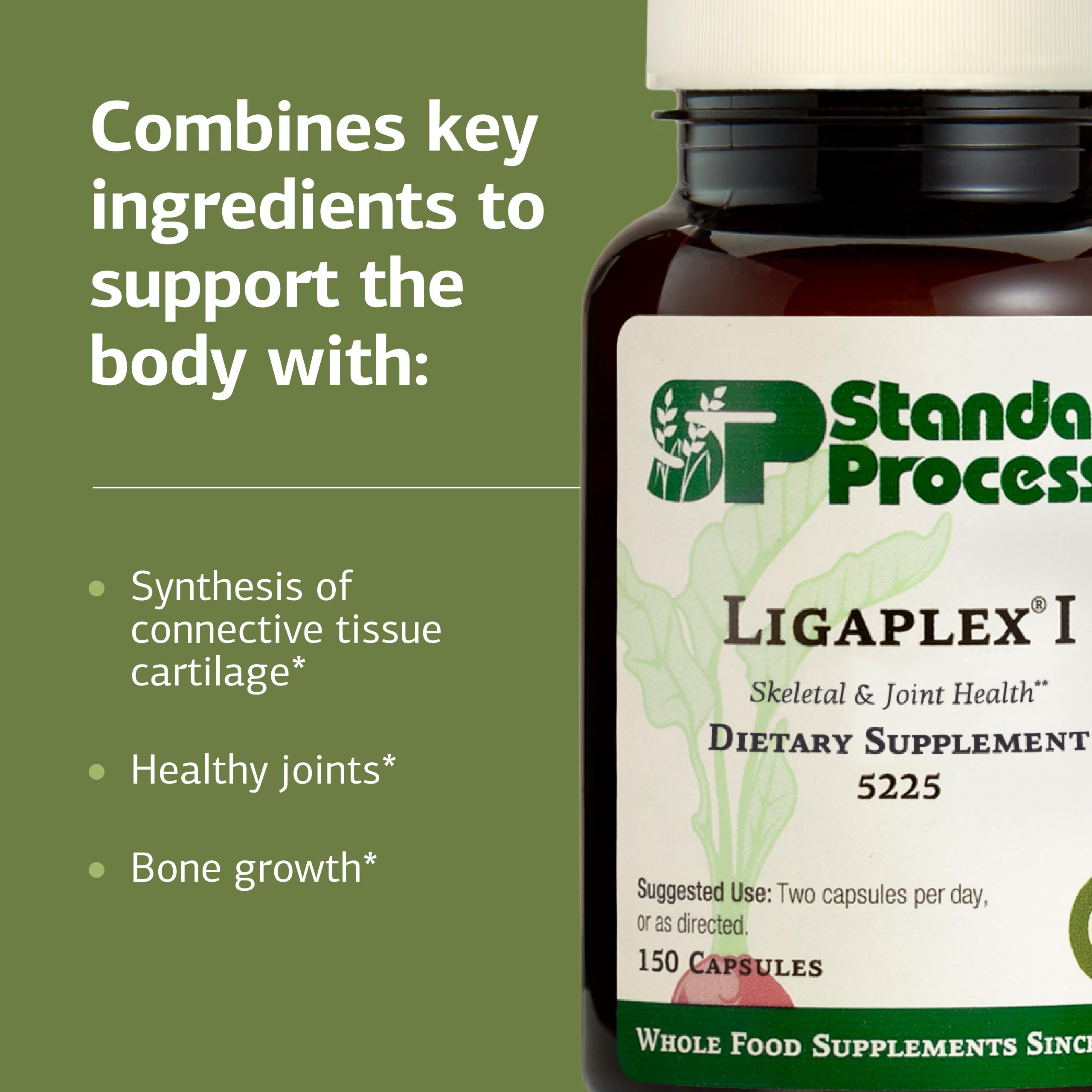 Cápsulas Standard Process Ligaplex I en mano para comparar tamaño