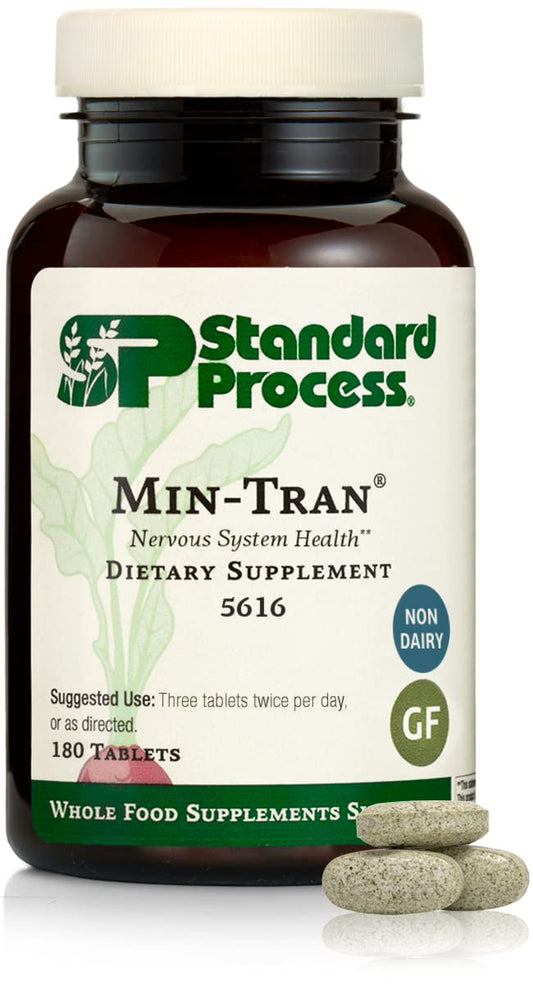Standard Process Min-Tran frasco frontal mostrando etiqueta y beneficios