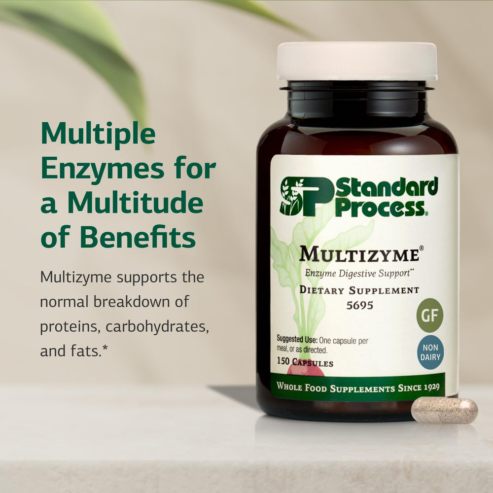 Standard Process Multizyme botella abierta con cápsulas listas para tomar