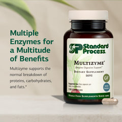 Standard Process Multizyme botella abierta con cápsulas listas para tomar