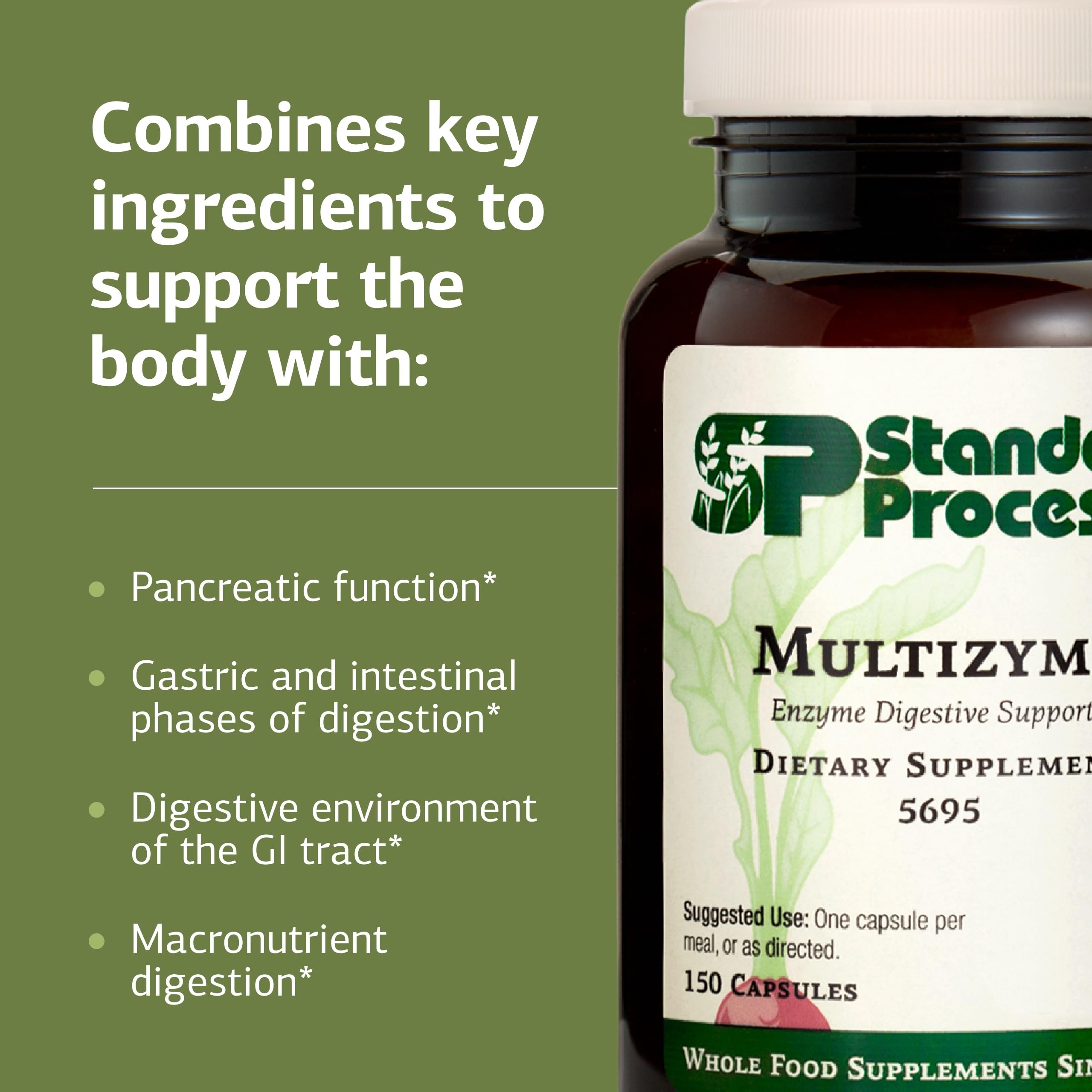 Standard Process Multizyme cápsula en mano mostrando tamaño y facilidad de ingesta