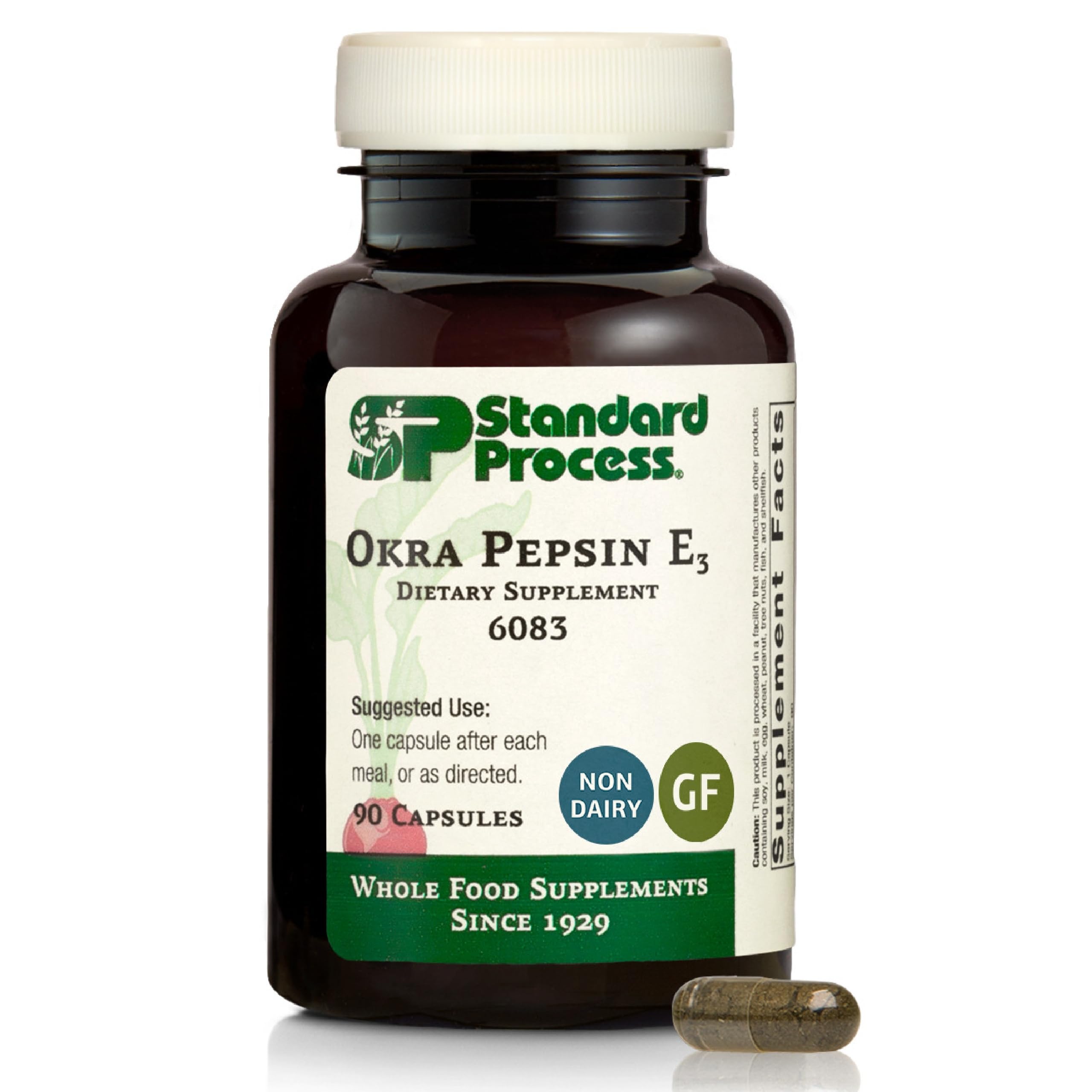 Standard Process frasco frontal mostrando Okra Pepsin E3 y claridad del envase