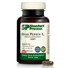 Standard Process frasco frontal mostrando Okra Pepsin E3 y claridad del envase