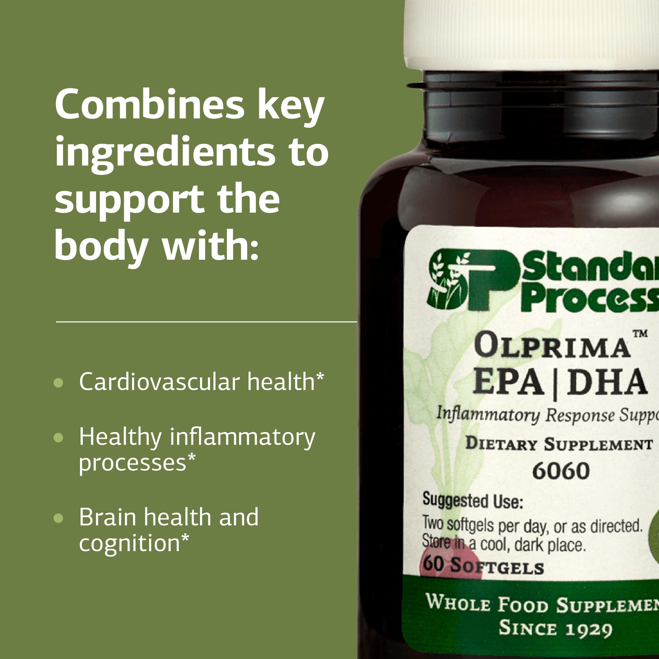 Standard Process Olprima botella abierta indicando uso diario y conveniencia