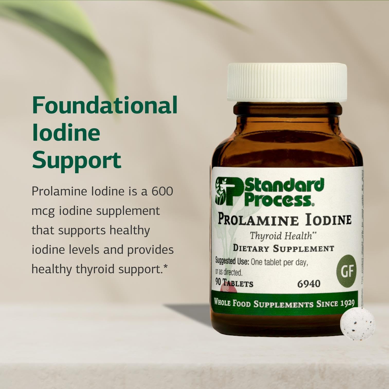 Mano sosteniendo varias tabletas Prolamine Iodine de Standard Process para visualización de dosis