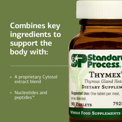 Bote abierto de Standard Process Thymex con tabletas visibles, conserva la frescura y conveniencia
