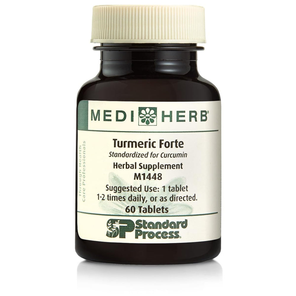 Standard Process frasco frontal de Turmeric Forte mostrando etiqueta y cantidad