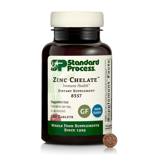 Standard Process envase frontal mostrando zinc chelate y ventajas nutricionales