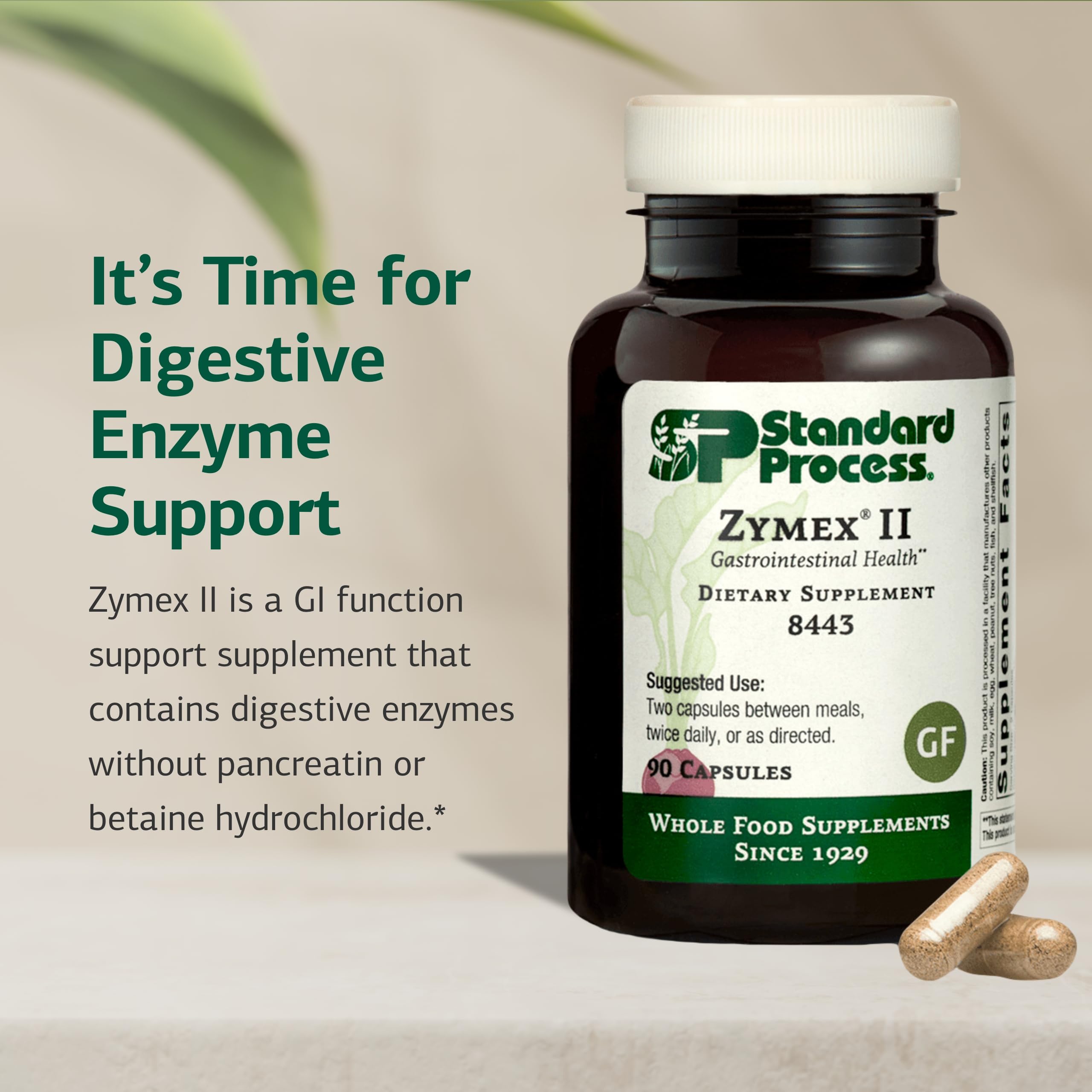 Etiqueta Standard Process Zymex II con información nutricional clara y beneficios