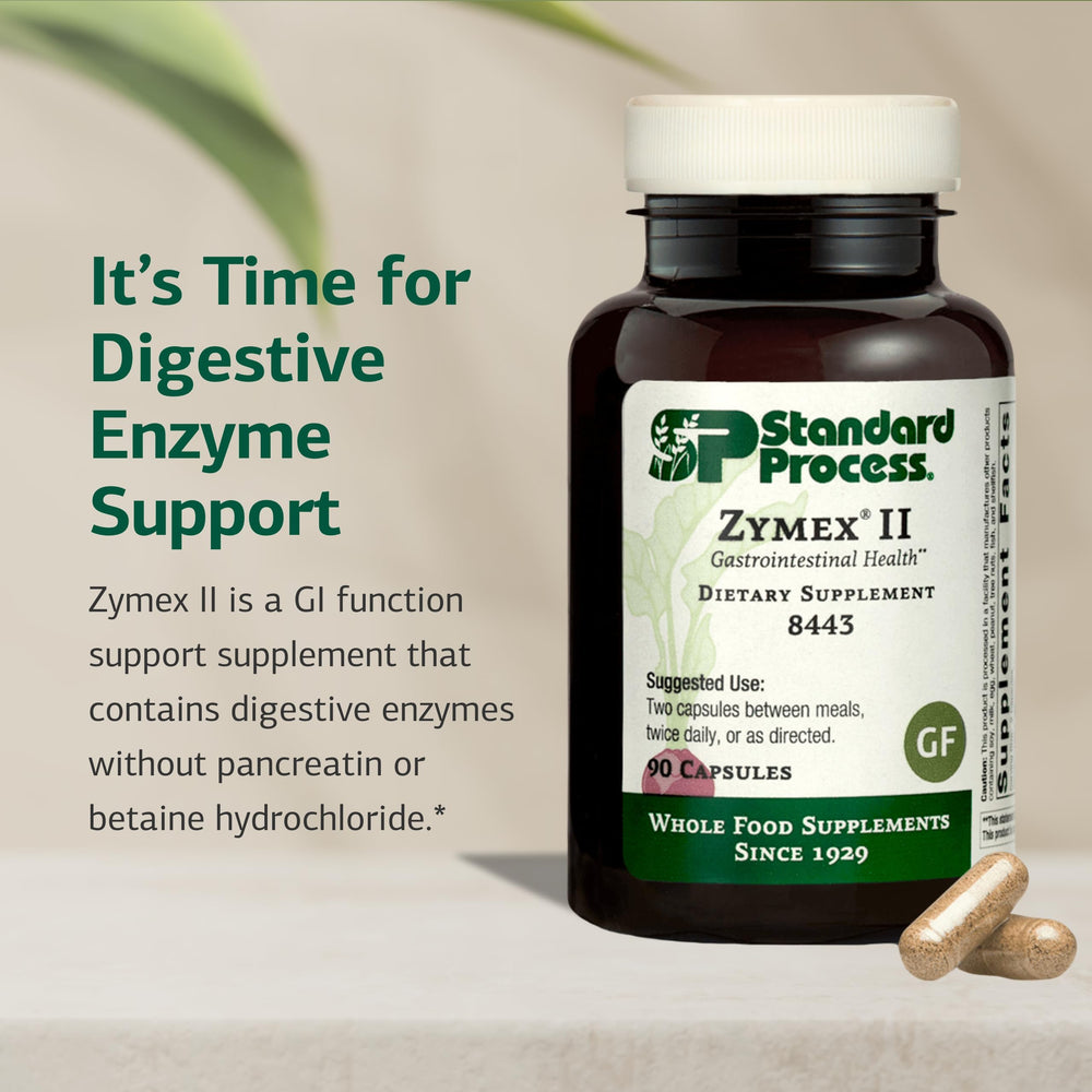 Etiqueta Standard Process Zymex II con información nutricional clara y beneficios