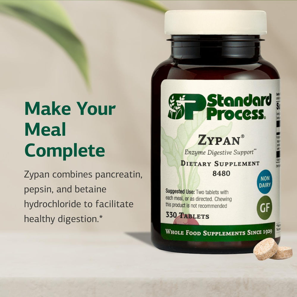 Standard Process Zypan tabletas en mano para comparar tamaño y dosificación práctica