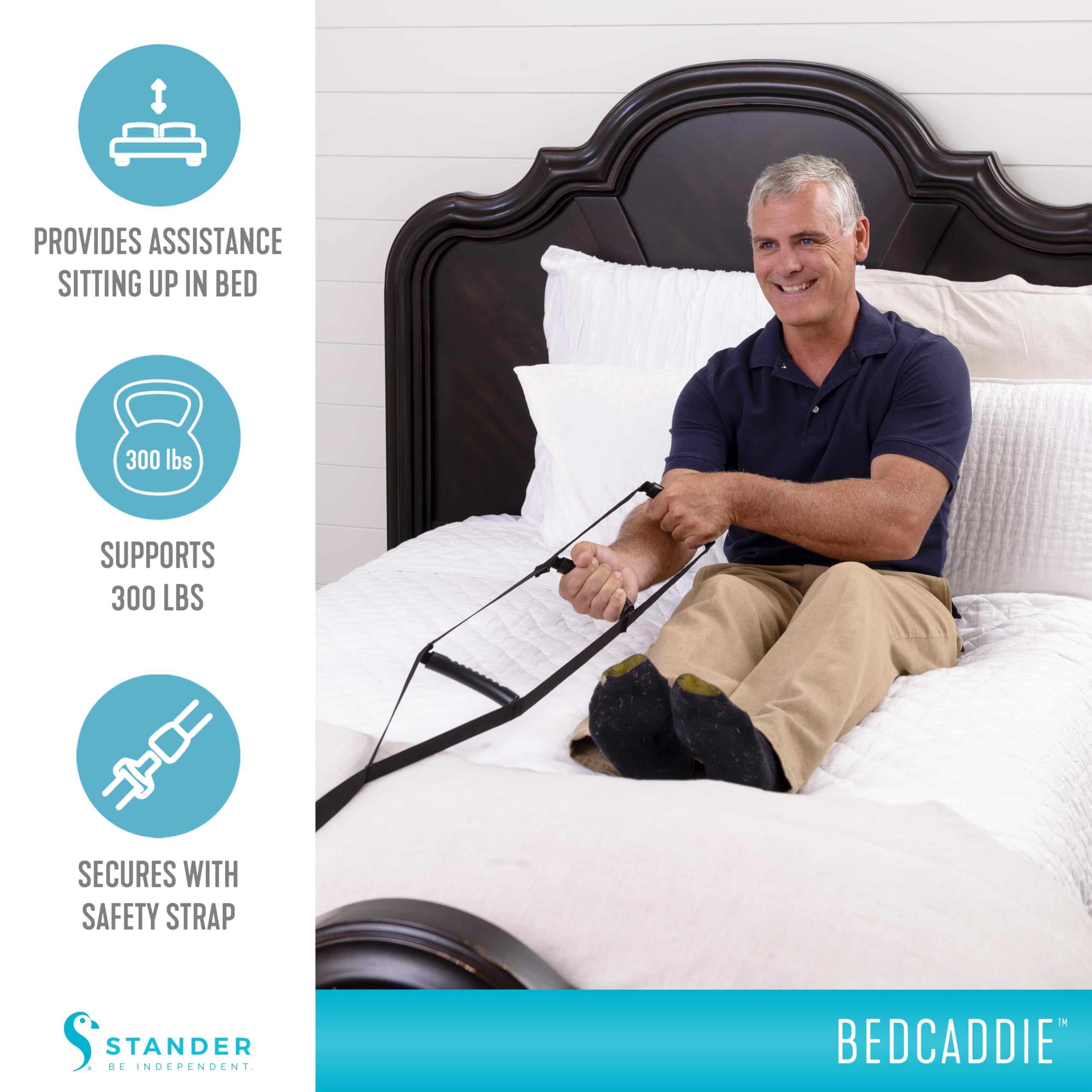 Stander BedCaddie en uso por adulto mayor facilitando incorporarse