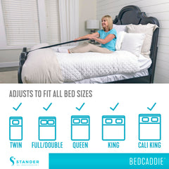 Stander BedCaddie ajustado en longitud mostrando adaptación a la cama
