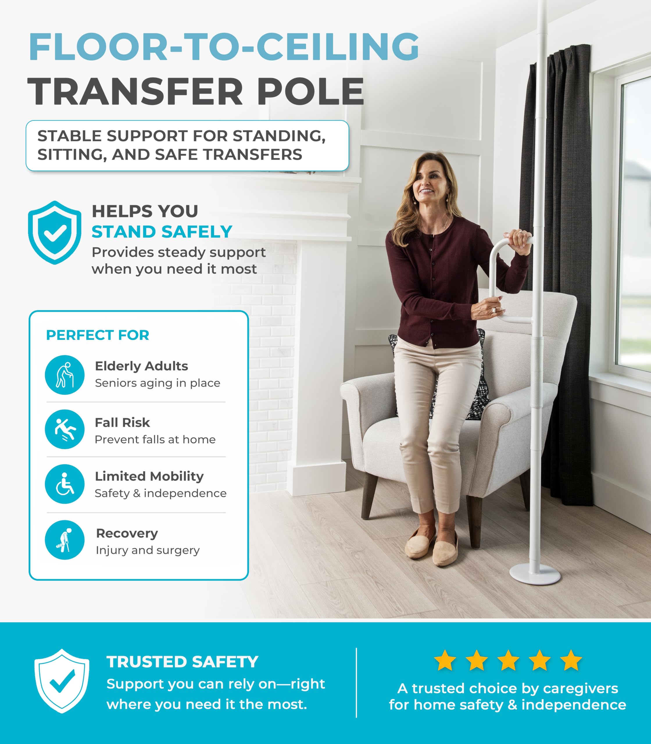 Stander primer plano del agarre doble, ergonomía y seguridad