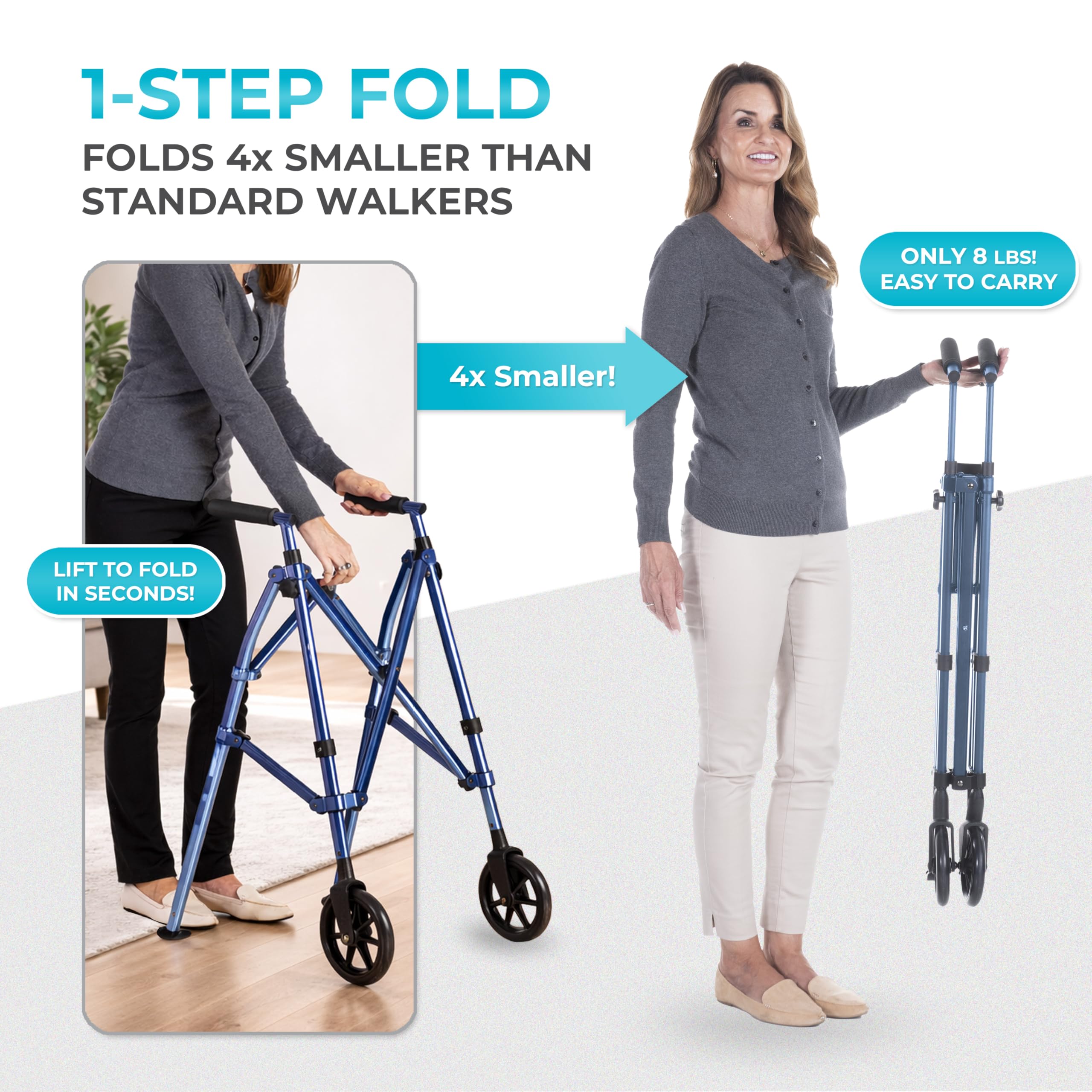 Stander plegado compacto listo para transporte y ahorro de espacio