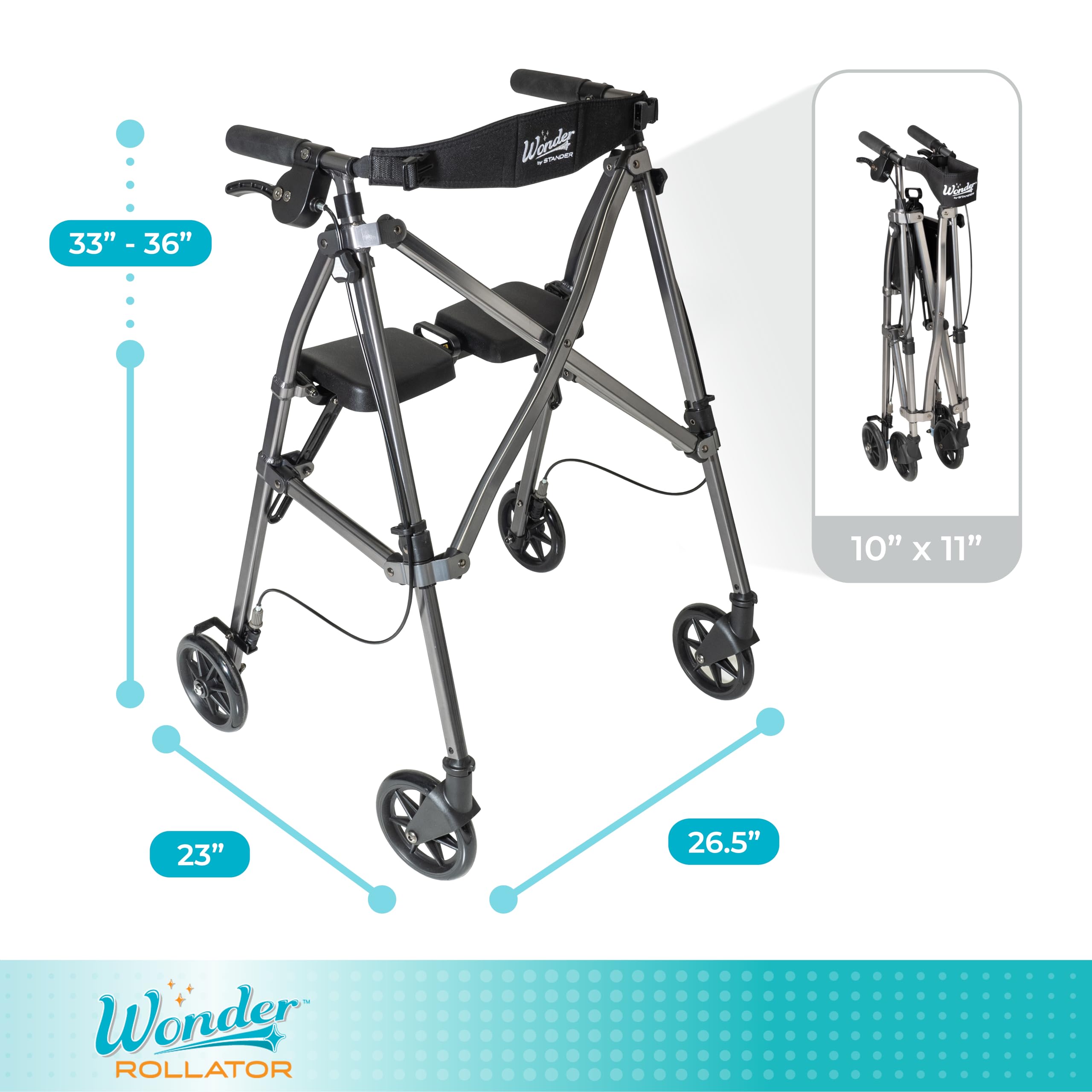Able Life Stander Space Saver comparación de tamaño junto a una silla mostrando huella reducida