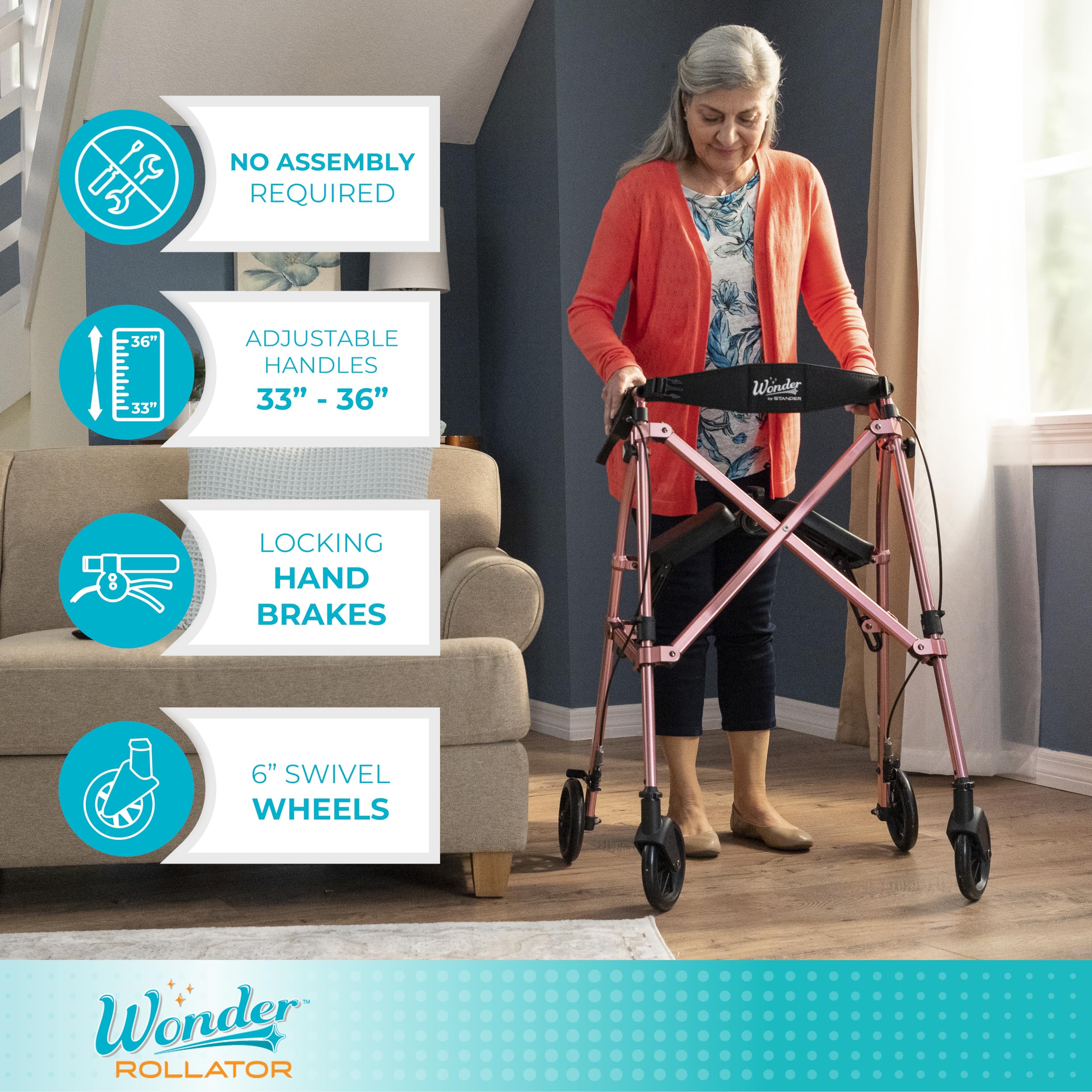 Stander ruedas de 6 pulgadas en primer plano, maniobrabilidad en interiores y exteriores