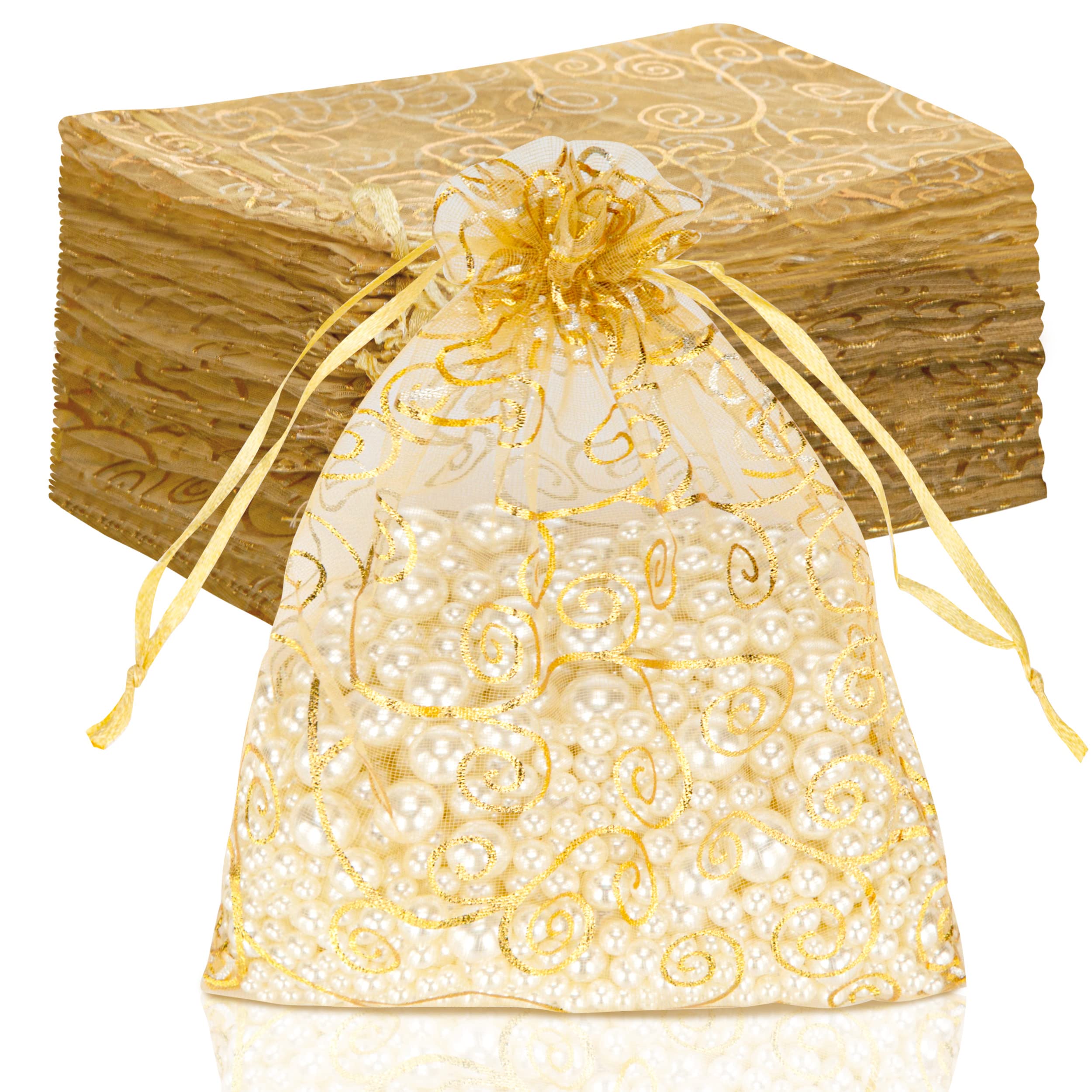 Staruby bolsa organza vista frontal con acabado dorado, presentación elegante
