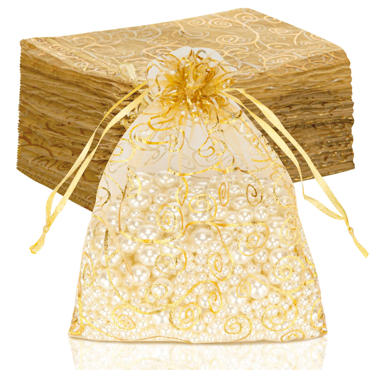 Staruby bolsa organza vista frontal con acabado dorado, presentación elegante