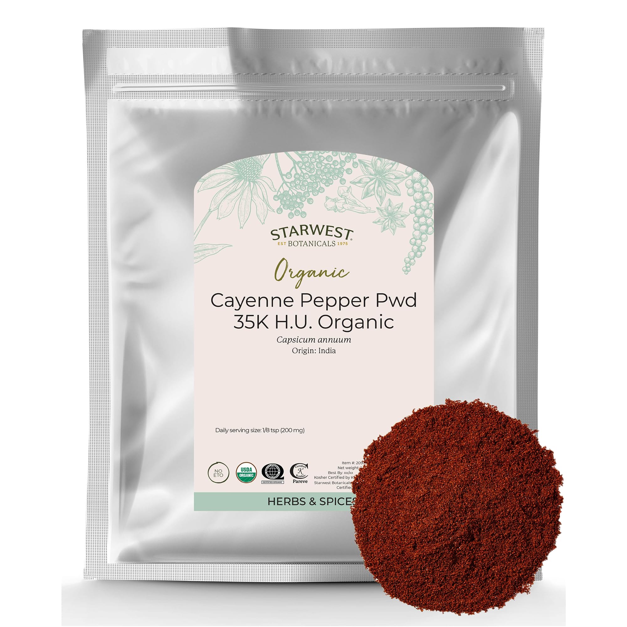 Starwest Botanicals bolsa frontal de cayena orgánica, ingredientes claros