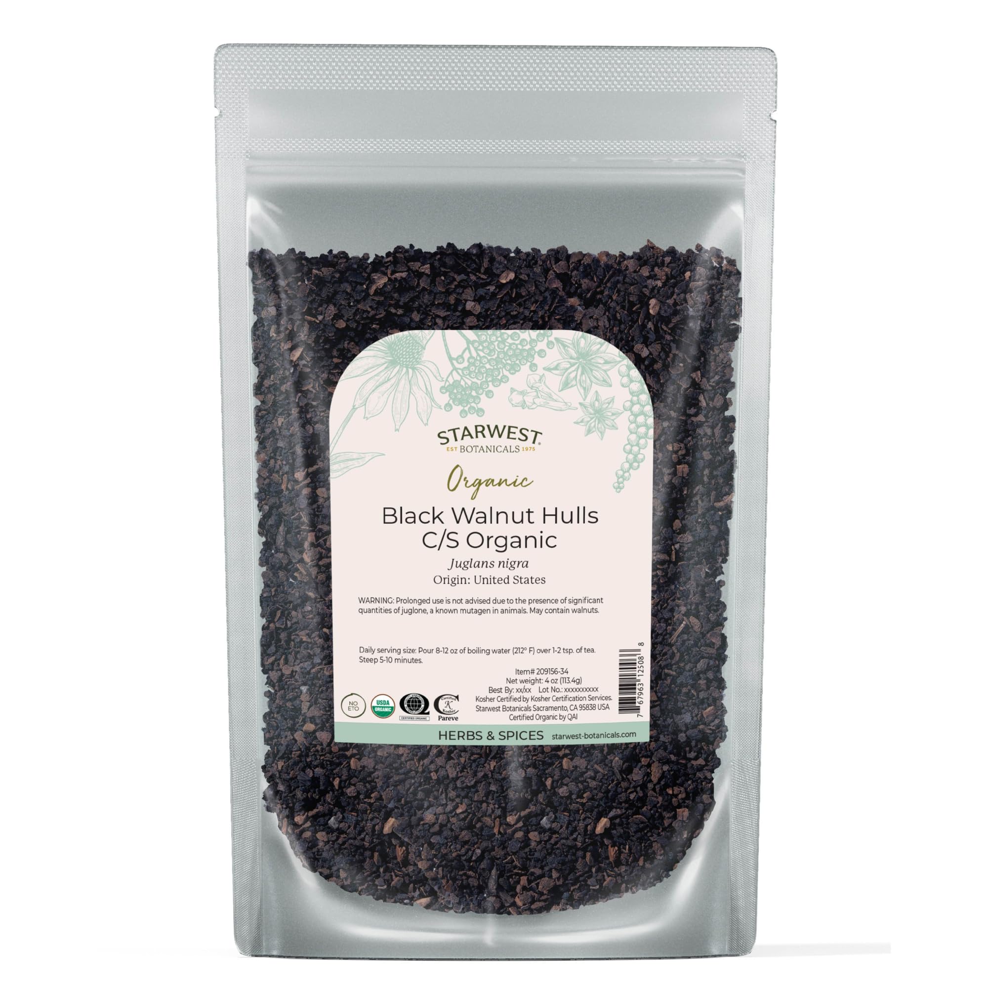 Starwest Botanicals frente del empaque con cáscara de nogal negro y práctico sellado