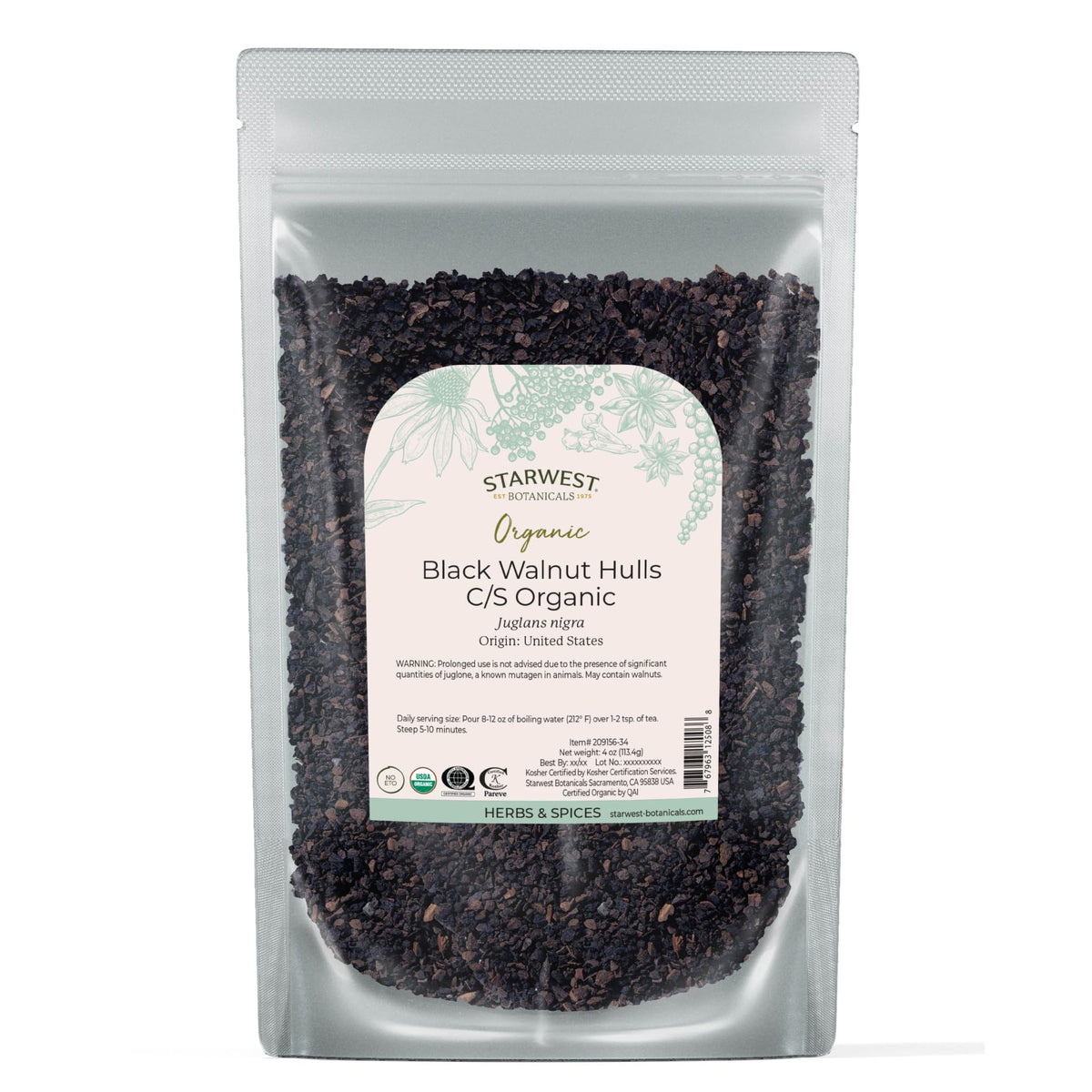 Starwest Botanicals frente del empaque con cáscara de nogal negro y práctico sellado
