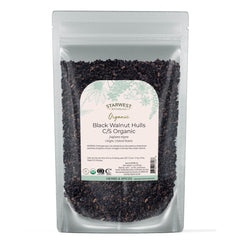 Starwest Botanicals frente del empaque con cáscara de nogal negro y práctico sellado