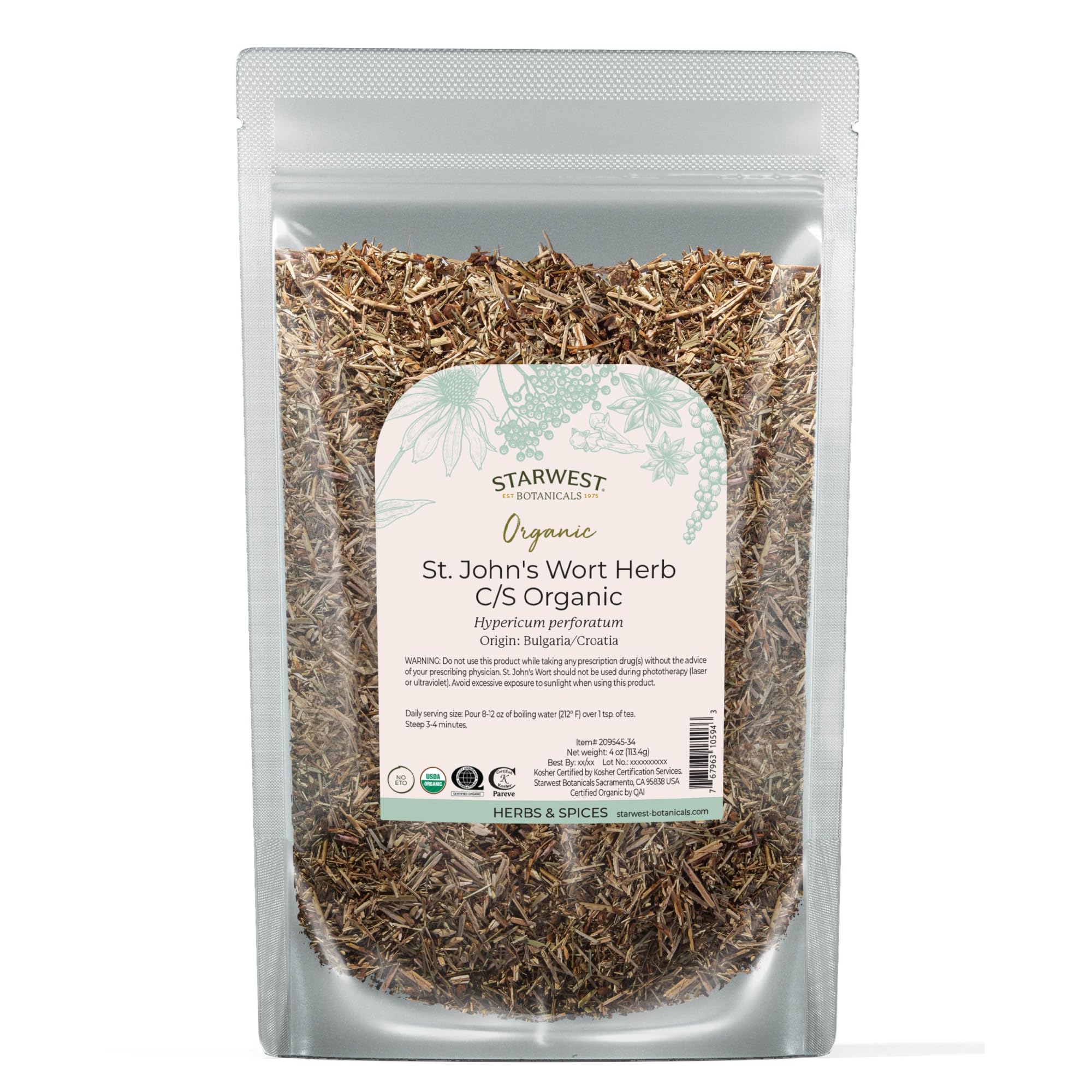 Starwest Botanicals bolsa frontal con hierba de San Juan orgánica mostrando sello USDA