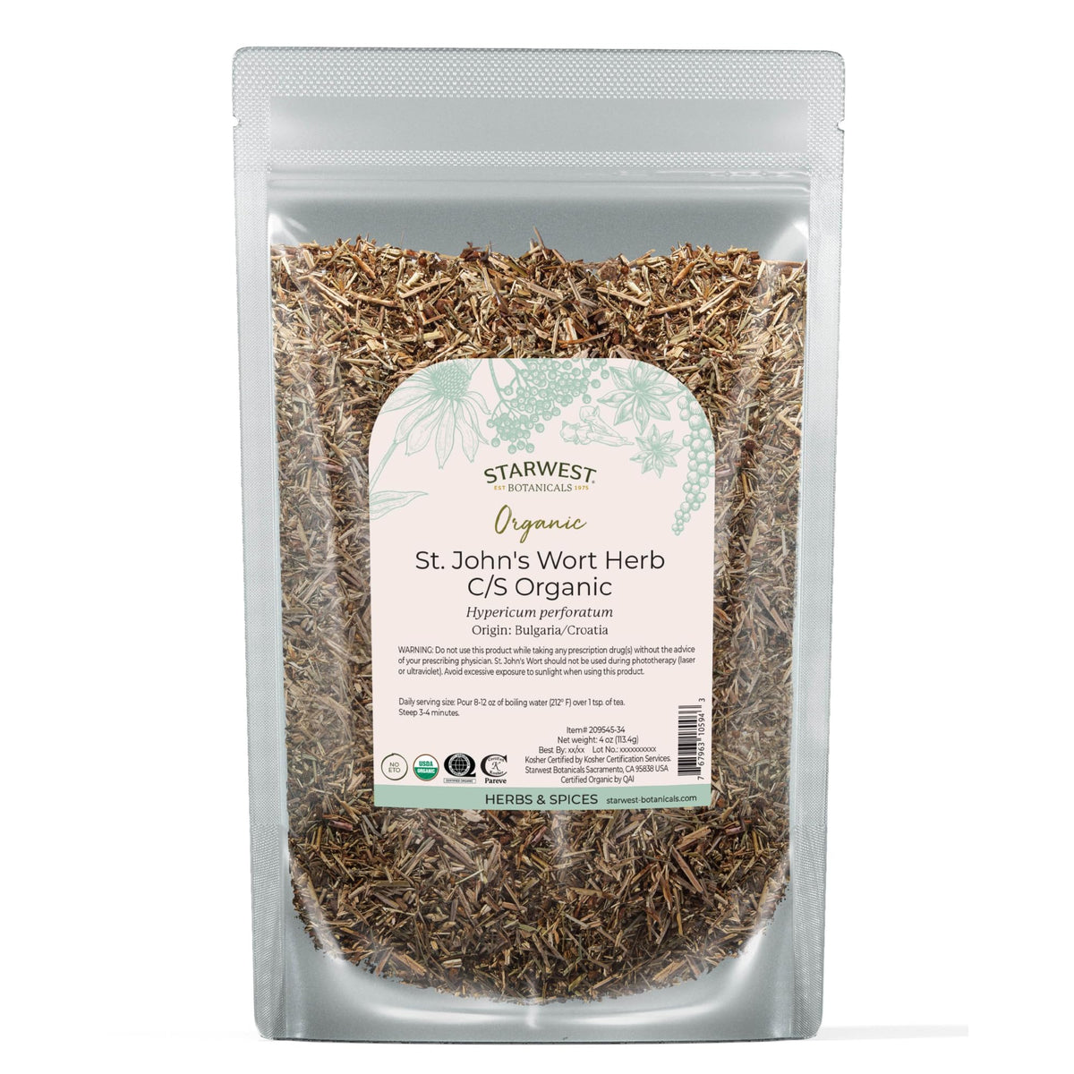 Starwest Botanicals bolsa frontal con hierba de San Juan orgánica mostrando sello USDA